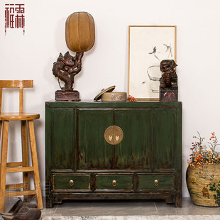 Chinese-style Color Paint Solid Wood Entrance Cabinet New Chinese-style Antique Dressed Green Furniture Shoe Cabinet Opposition Storage Cabinet