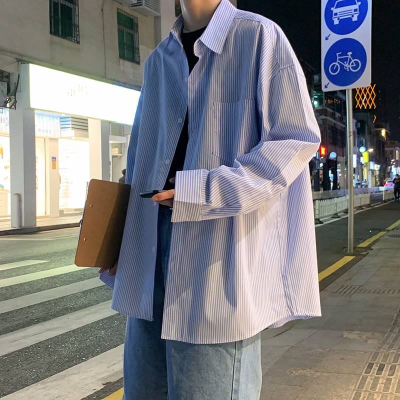 长袖衬衫男士春秋季港风潮流清新条纹宽松休闲外套韩版潮牌衬衣男