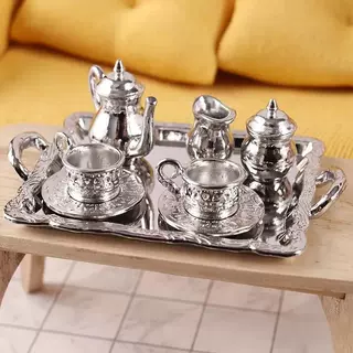 Dollhouse迷你合金下午茶具套装娃娃屋厨房微缩仿真场景拍摄道具