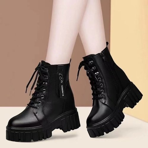 Women's Soft Leather Martens Boots with Fleece,  Autumn/Winter New Arrival Petite Heel Boots, Inner Heel Lift, British Style