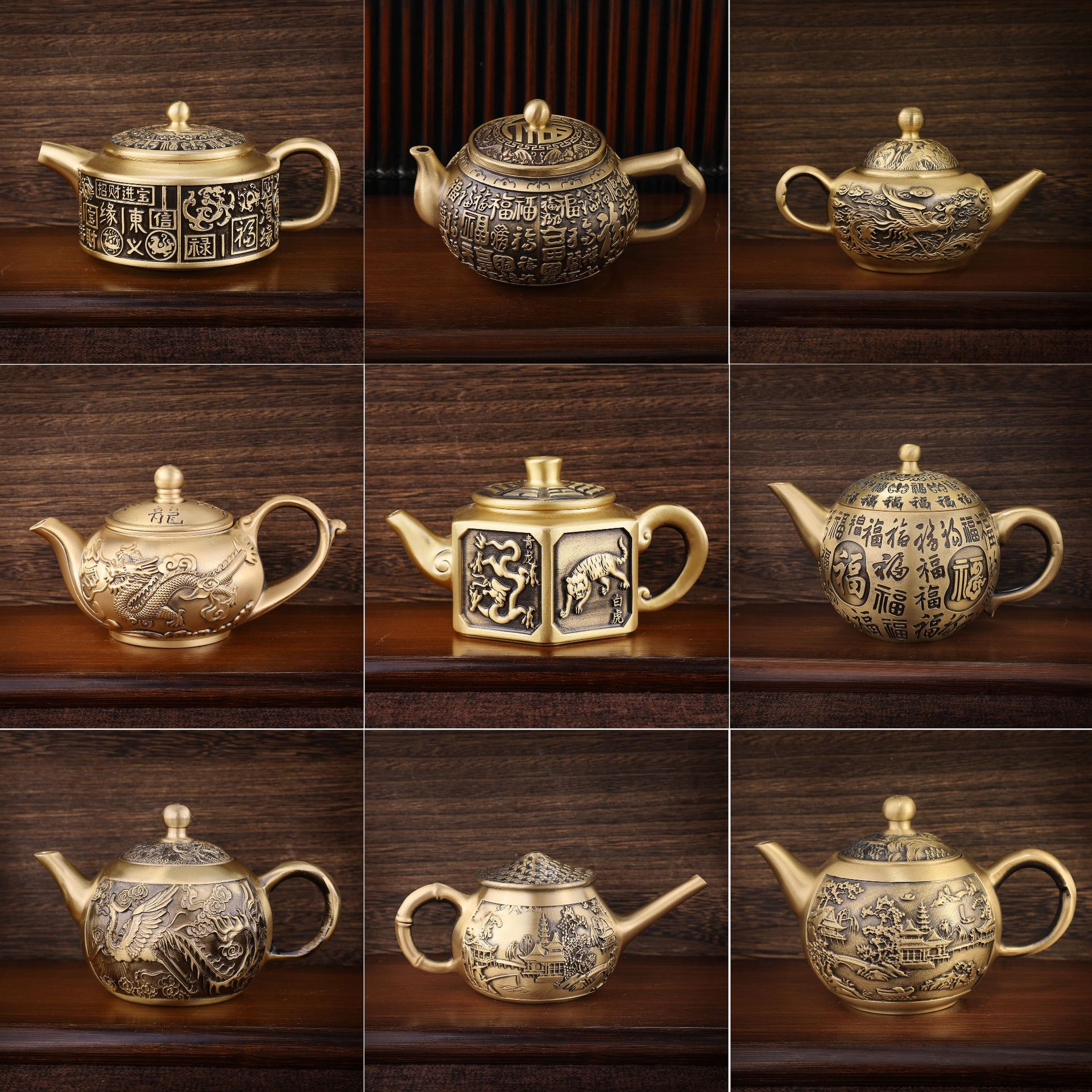 黄铜加厚浮雕四神兽铜茶壶铜器家居摆件转转茶壶山水茶壶龙凤茶壶