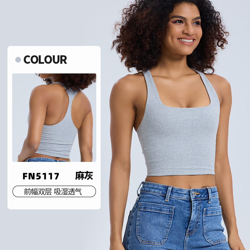 Nuevo chaleco de yoga de algodón transfronterizo europeo y americano, alto elástico, transpirable, delgado y ajustado con cuello en U, hermoso top deportivo con espalda