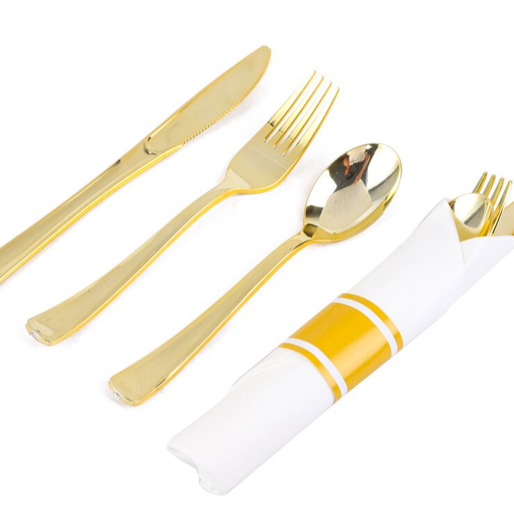 Amazon Disposable Plastic Golden Knife, Fork and Spoon Napkin Set Wedding Party Dining Decorative Tableware Three Pieces