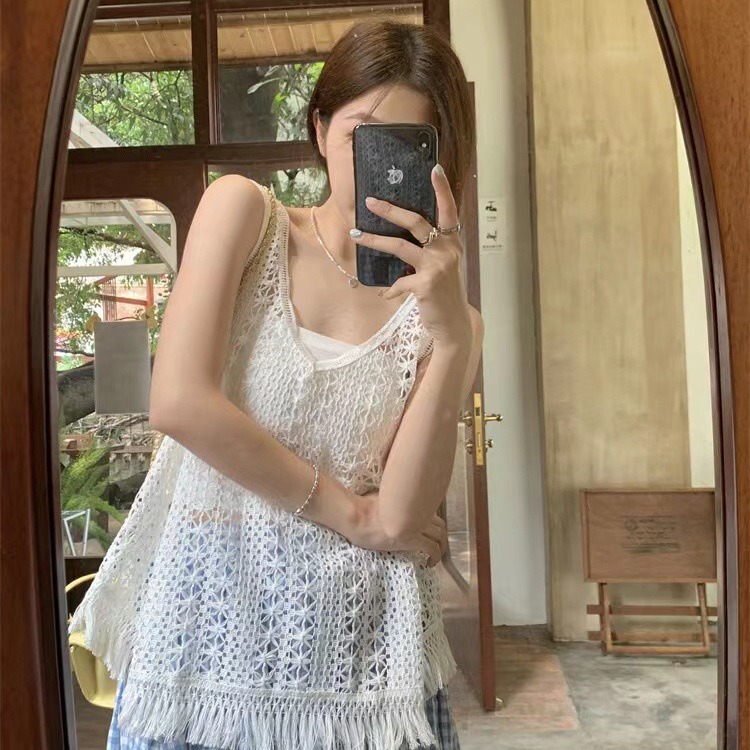 Hong Kong style western style meat-covering shirt vest tassel hollow-out outerwear blouse top sleeveless autumn mesh short sling