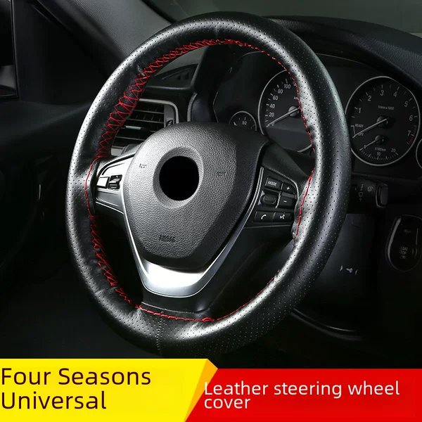 Leather hand-stitched steering wheel cover for four seasons universal cowhide car handle cover