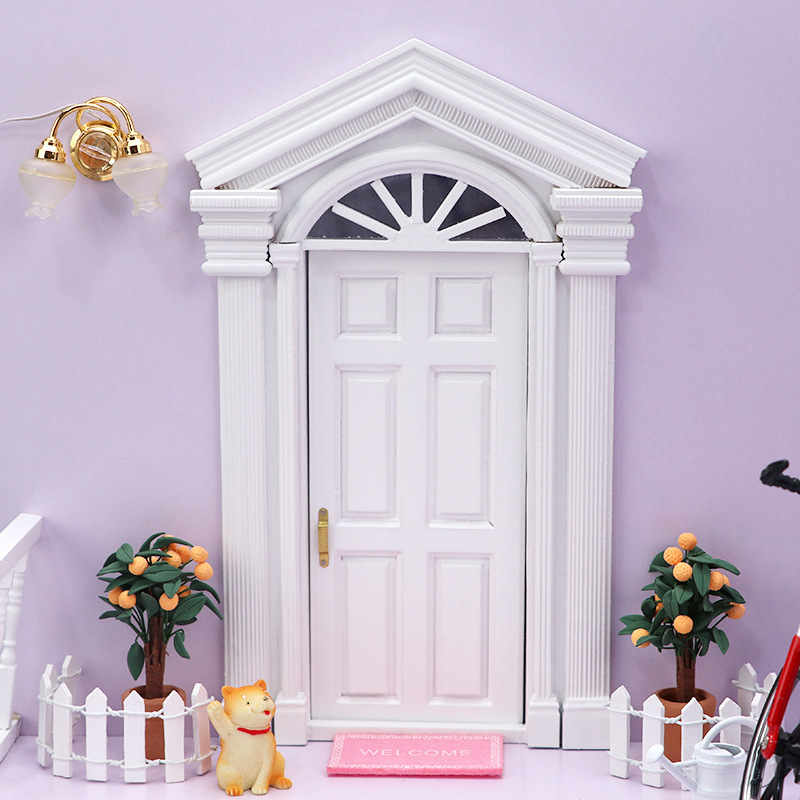 1:12 Doll House/Diy Cabin Dollhouse Outdoor Door Pointed Double Column 6-Grids Door White Sun Door