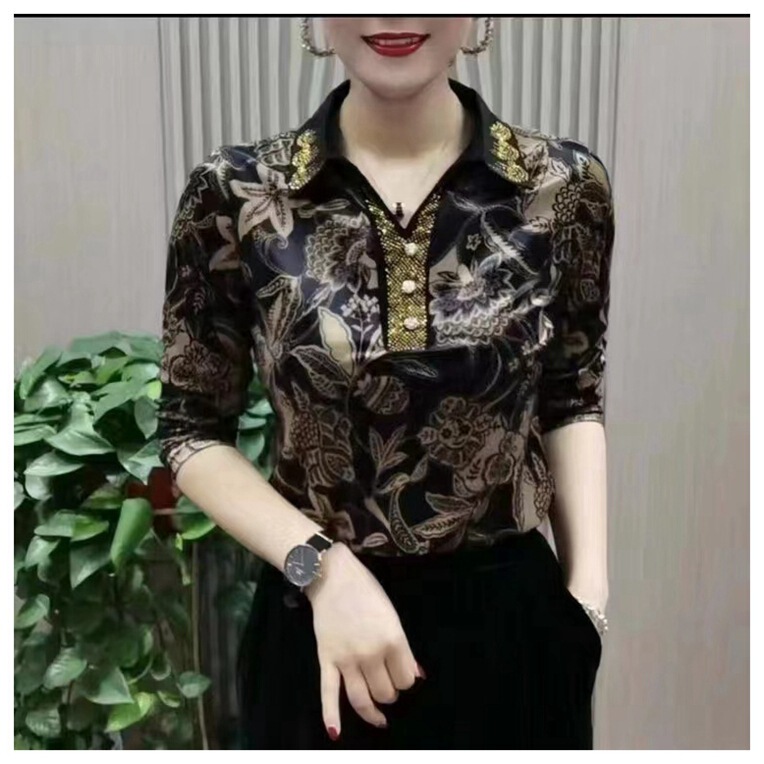 Autumn fashion new western style shirt rhinestone elegant slimming velvet top long sleeve lapel bottoming Women's Small shirt