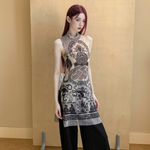 跨境外贸新中式复古开叉背心连衣裙女装夏季修身半高领中长款上衣