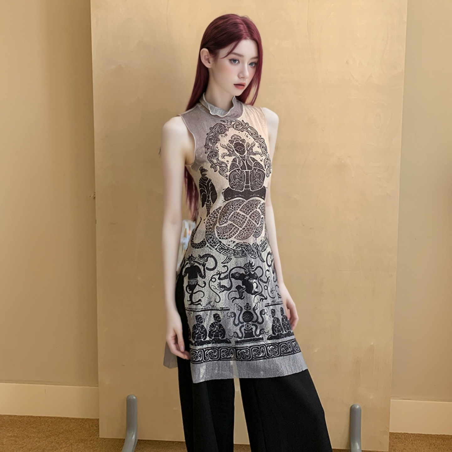 跨境外贸新中式复古开叉背心连衣裙女装夏季修身半高领中长款上衣