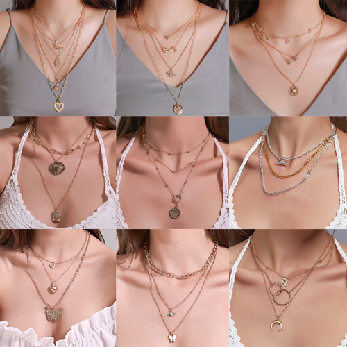 Hot-selling Geometric Layered Necklace for Women: Vintage European & American Style, Featuring Butterfly and Heart Pendant Designs, Multi-Strand Clavicle Chain, Perfect as a Sweater Necklace