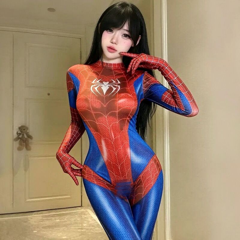 Halloween cosplay sexy Spider-Man bodysuit for women, tight-fitting mesh outfit with open crotch, no need to remove, sexy lingerie Halloween cosplay sexy Spider-Man bodysuit for women, tight-fitting mesh outfit with open crotch, no need to remove, sexy lingerie
