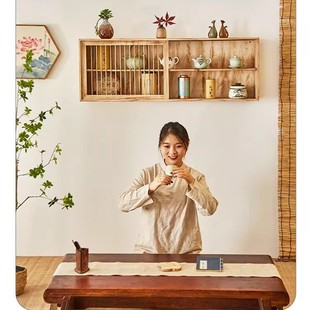 Solid Wood Wall-Mounted Display Cabinet Tea Rack Storage Shelf Tea Cup Holder Multi-Treasure Cabinet
