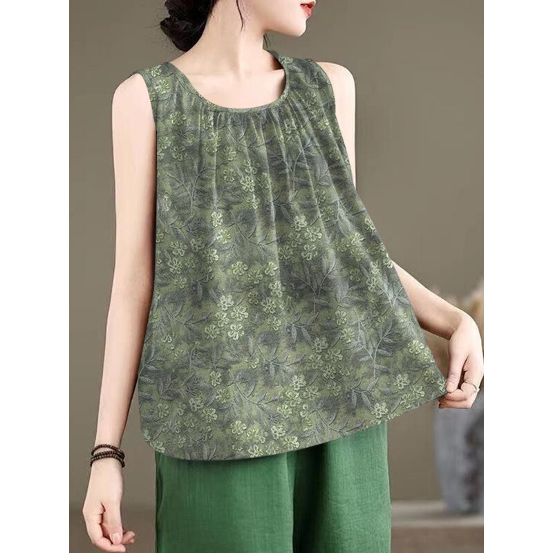 Summer Fashion Round Neck A-Line Pleated Printed Sleeveless Vest for Women, Loose and Versatile Slimming T-Shirt Camisole Casual Top Summer Fashion Round Neck A-Line Pleated Printed Sleeveless Vest for Women, Loose and Versatile Slimming T-Shirt Camisole Casual Top