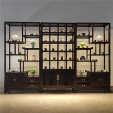 榆木带灯茶叶柜展示架格子柜置物架博古架实木中式家具多宝阁茶柜