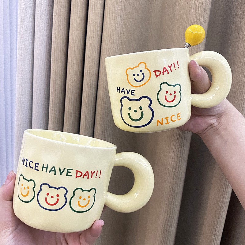 韓式ins笑臉高顏值陶瓷馬克杯 男女學生家用卡通早餐杯帶蓋勺水杯