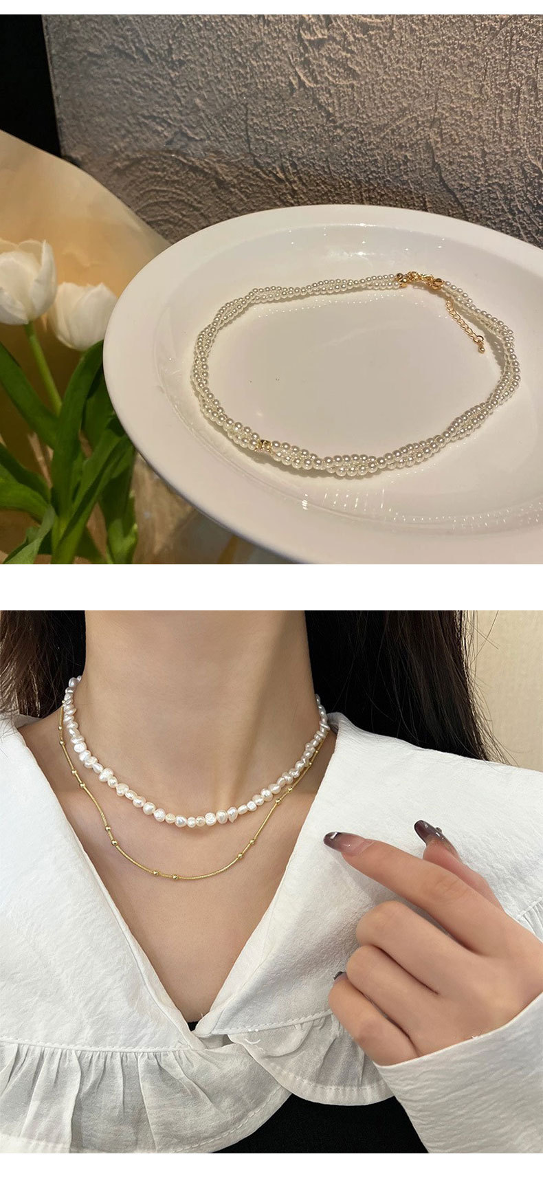 Fashion Round Copper Beaded Pearl Inlay Pearl Zircon Necklace 1 Piece