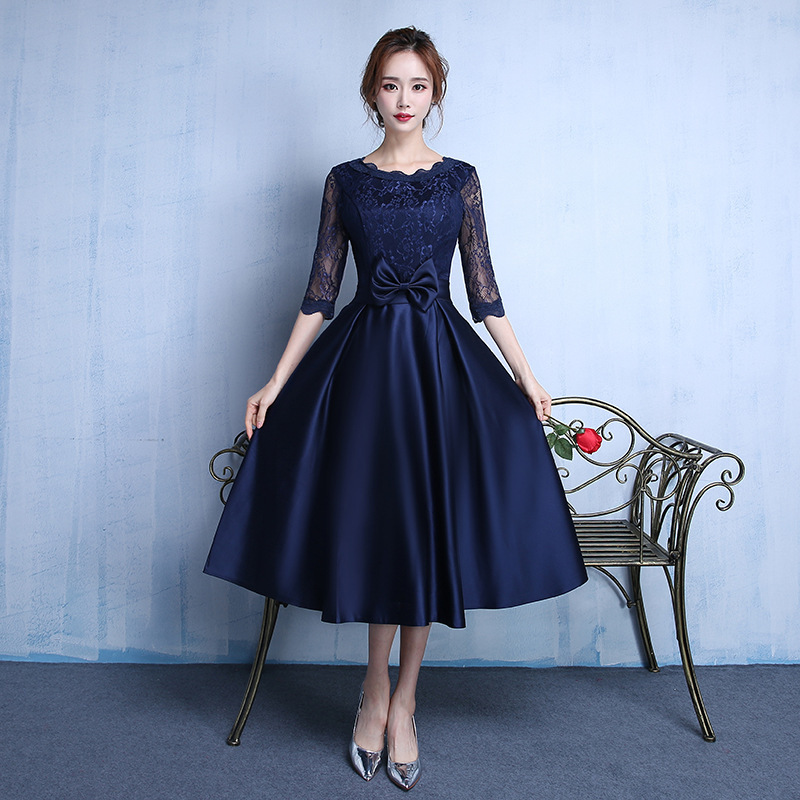 Evening Dress Mid-Length Wholesale 2026 New Long-Sleeved Wedding Dress Toast Dress Female Bridesmaid Dress One-Piece Dropshipping