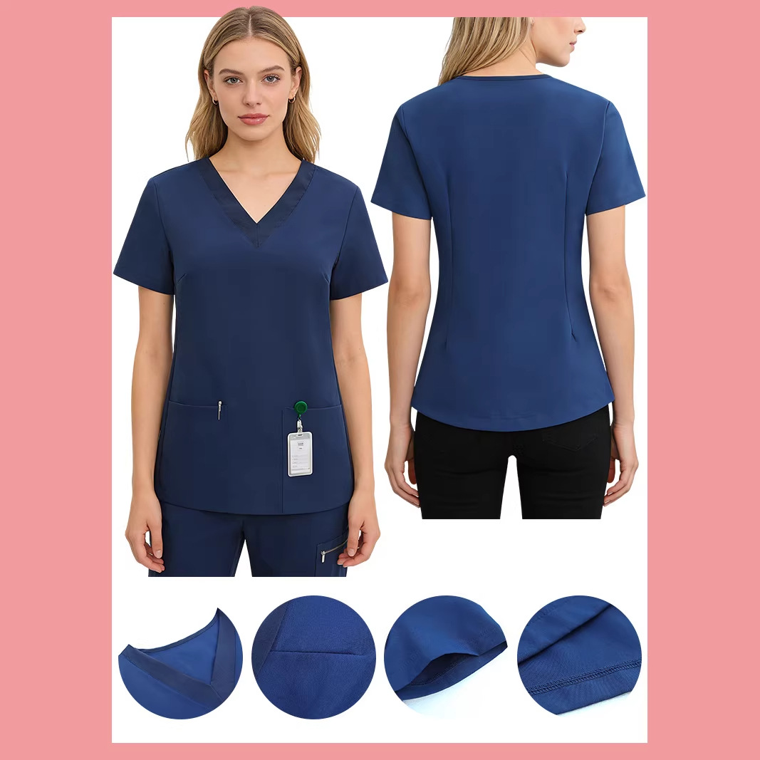 European and American Style V-Neck Short-Sleeve Summer Breathable Scrub Top for Nursing, Medical, Dental Clinic, Laboratory Workwear
