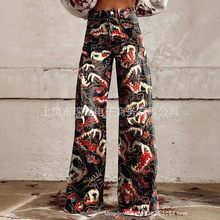 现货跨境外贸亚马逊女式大码仿牛仔爆款3D印花休闲裤阔腿裤喇叭裤