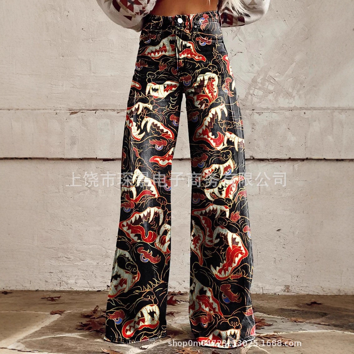 现货跨境外贸亚马逊女式大码仿牛仔爆款3D印花休闲裤阔腿裤喇叭裤