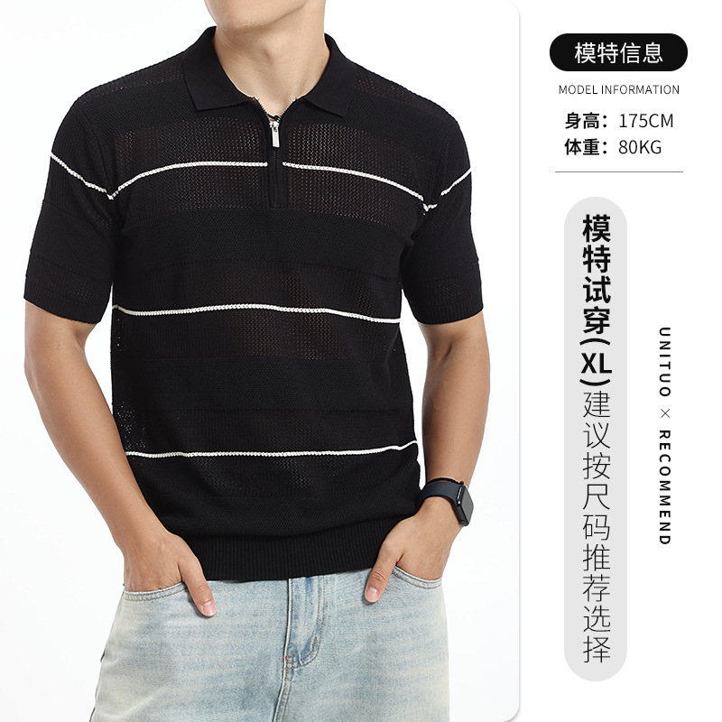 Cross-border hombre hielo de punto camisa de polo de manga corta lujo ligero negocio casual con collar rayas agujeradas camisa de polo hombre