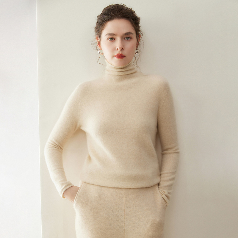 12-Gauge Single-Thread Ready-To-Wear Saini 100% Pure Cashmere Knitwear for Women, Rolled Edge, Stacked Collar, Warm Base Layer Sweater