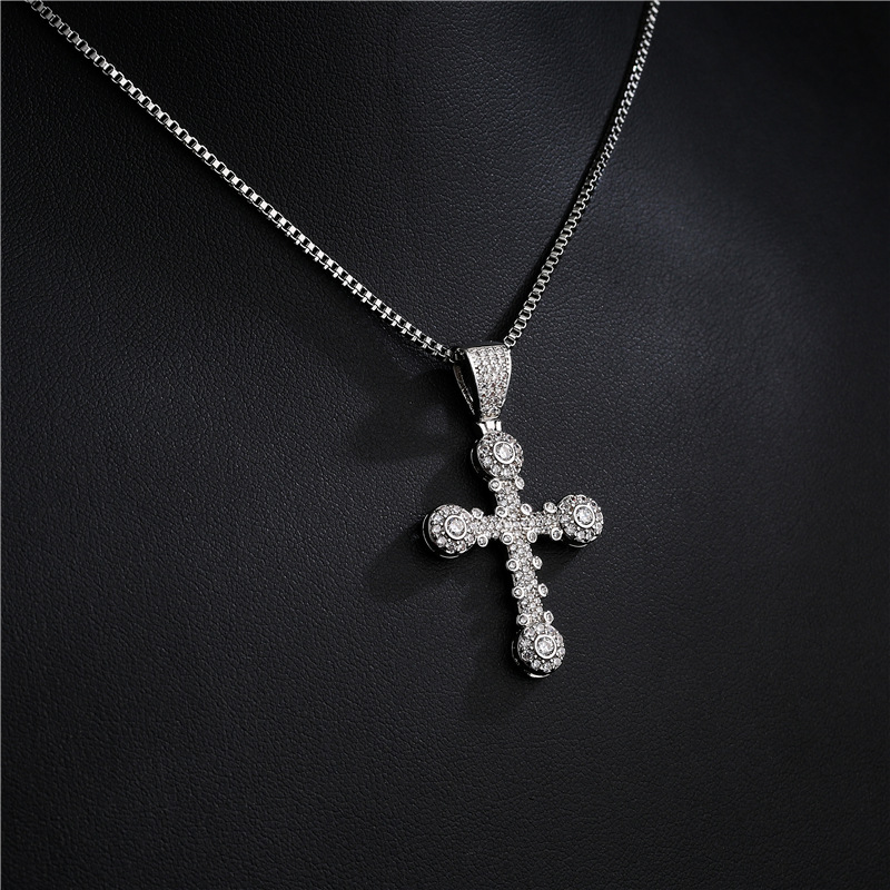 punk style copper micro-inlaid zircon cross pendant necklace
