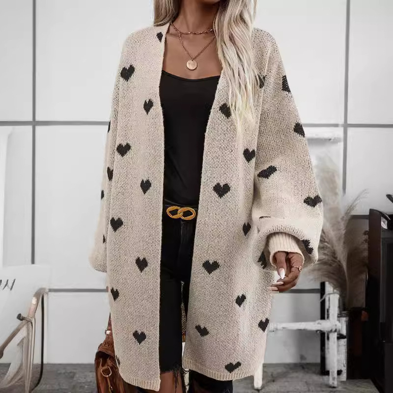 Long Love-Heart Jacquard Knit Sweater European and American Cross-Border Spring and Autumn Jacket for Women
