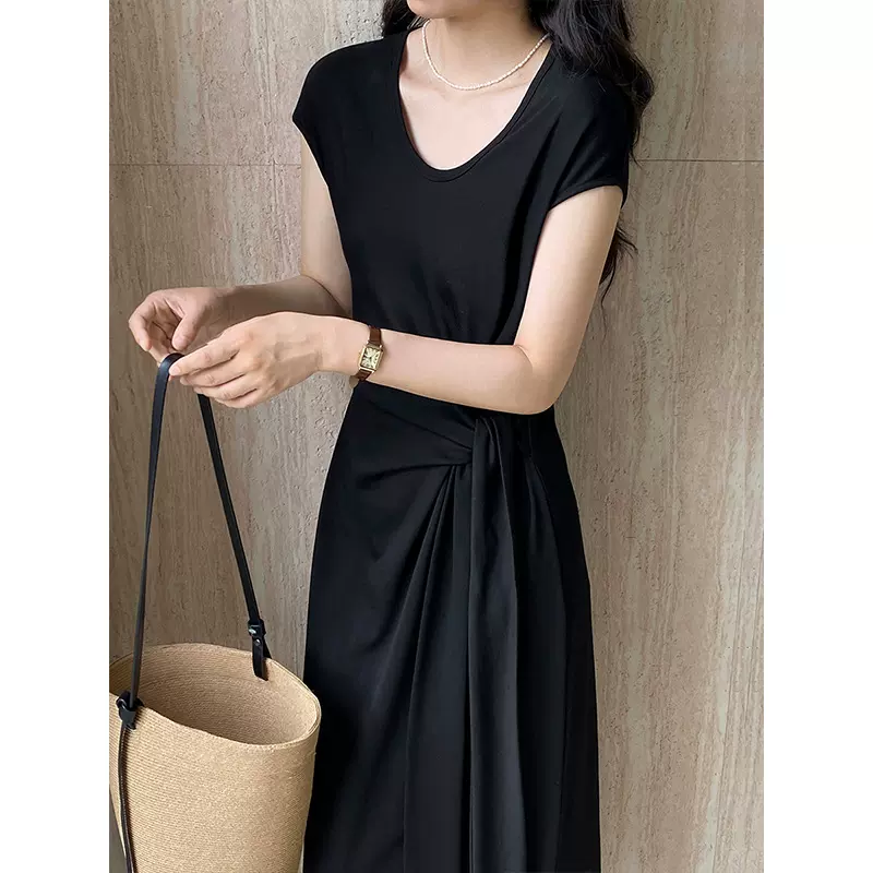 江左 赫本风黑色裙子系带气质连衣裙女夏高级感气质长裙女装6282
