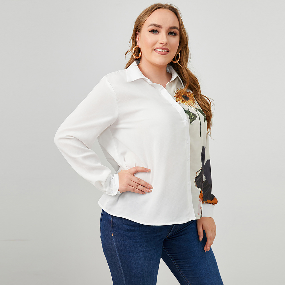 Plus Size High-Neck Single-Breasted Pattern Printed Shirt NSWCJ112246