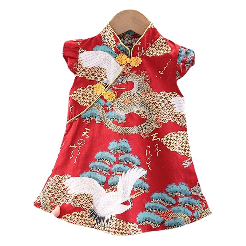 Girls' Qipao 2026 Spring/Summer Children's Cotton and Linen Retro Dress Baby Chinese Style Improved Hanfu Floral Dress