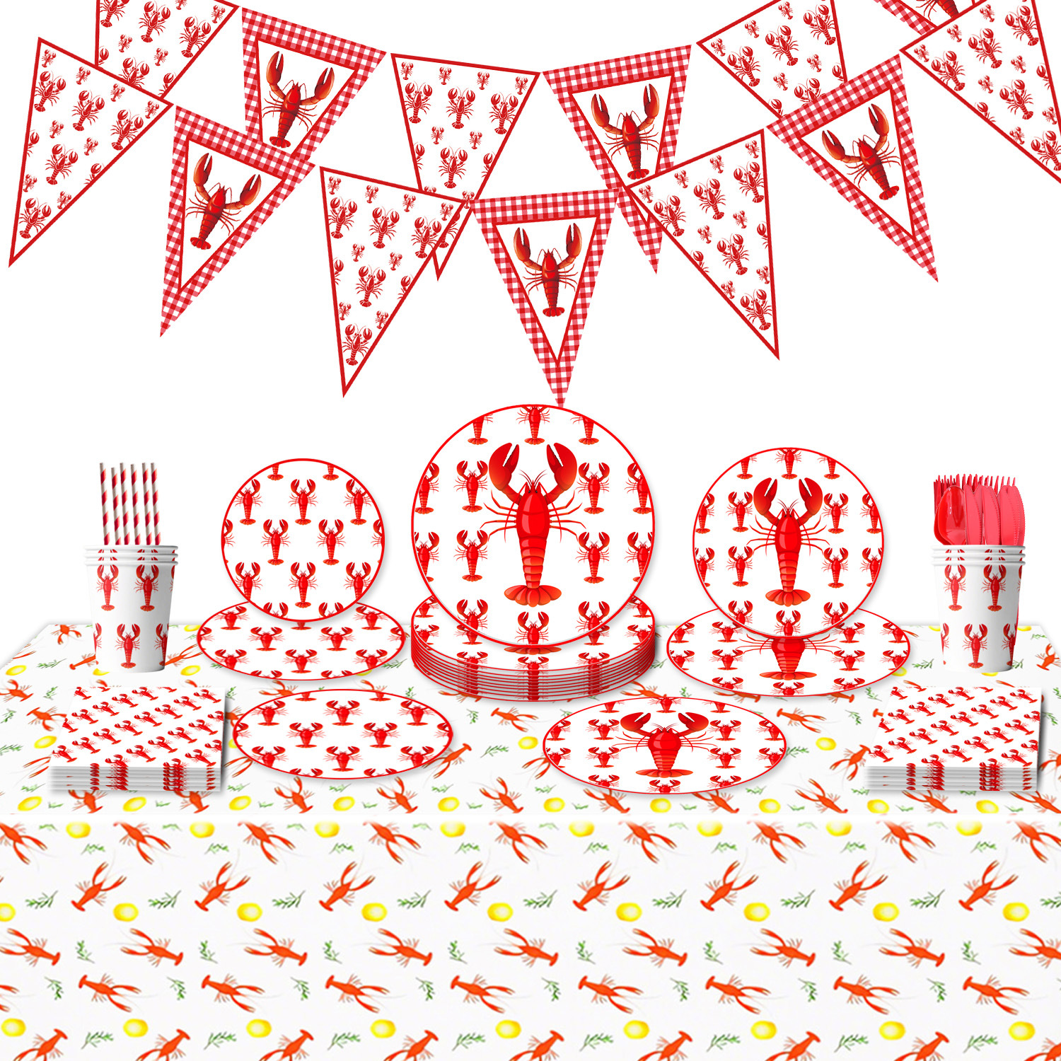 亚马逊夏日小龙虾主题一次性派对餐具纸盘纸巾纸杯蛋糕插排装饰品
