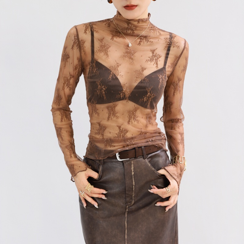 High-Necked Maillard Brown Lace Mesh Base Shirt for Women, Layered with Sheer Transparent Clothing for a Light Luxury Feel High-Necked Maillard Brown Lace Mesh Base Shirt for Women, Layered with Sheer Transparent Clothing for a Light Luxury Feel