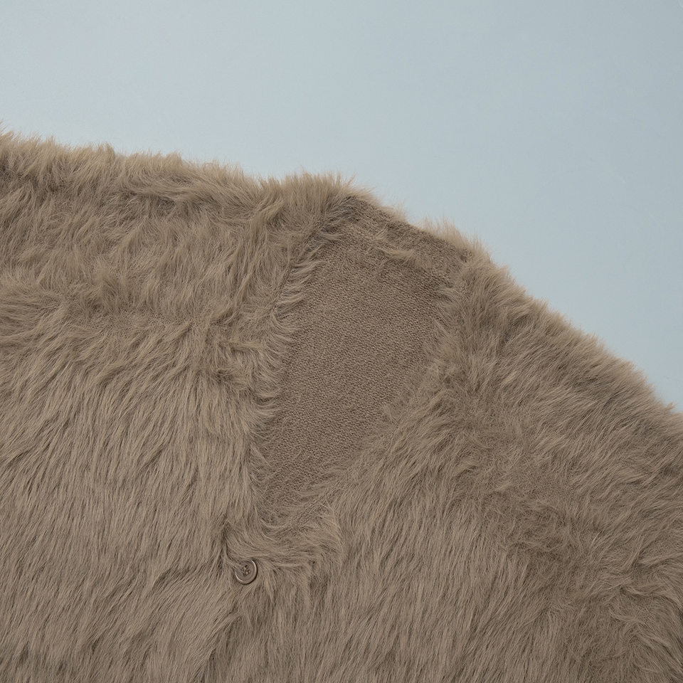 Áo cardigan len dệt kim giả lông chồn cổ V tay dài form rộng nữ — Màu hồng, Màu kaki, Màu trắng, Màu xám nhạt chi tiết 10