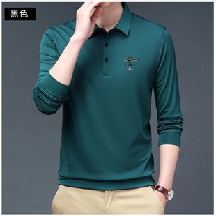 2022 New Middle-aged Men's Long-sleeved T-shirt Autumn Printed Ice Silk Polo Shirt Solid Color Casual Top Men's Hair