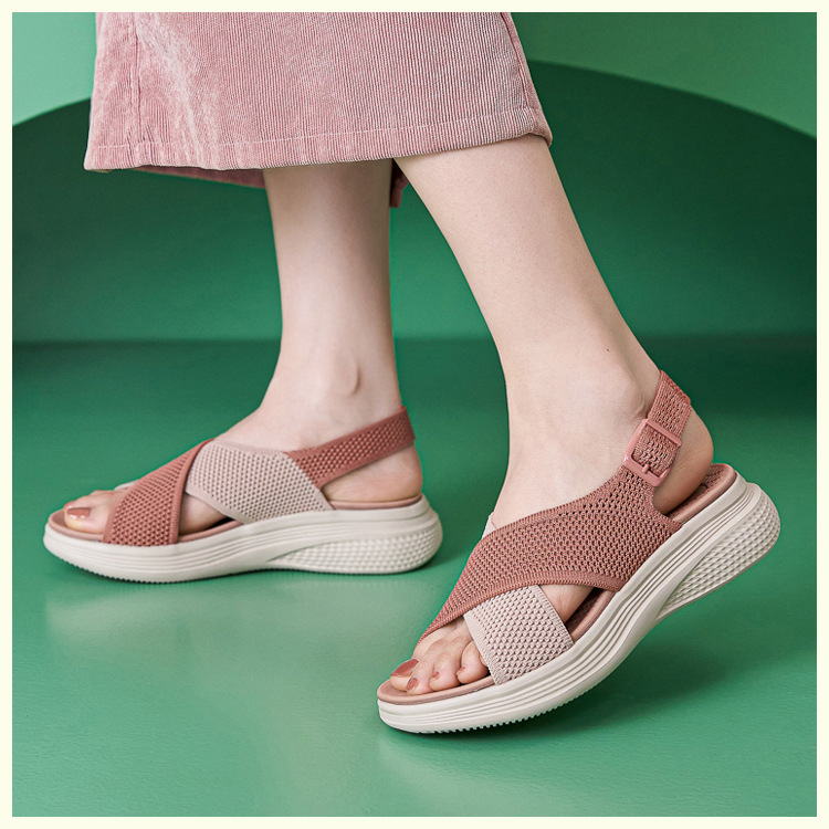 Sandal nữ quai chéo dệt kim phối dây rút, đế MD nhẹ êm — màu be, màu đen, xanh lam, màu hồng chi tiết 14