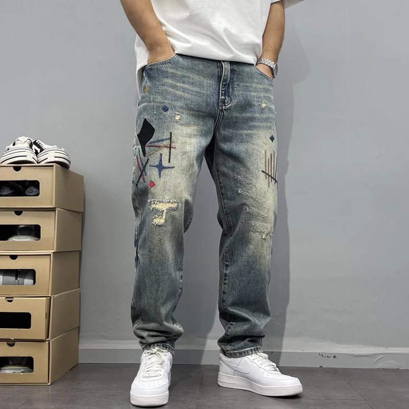Heavy Washed Distressed Denim Men's Stylish Trendy Patch High-End Embroidery Printed Loose Straight-Leg Jeans