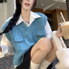 V领针织毛衣马甲背心女款2025新款秋冬韩版宽松慵懒内搭叠穿衬衫