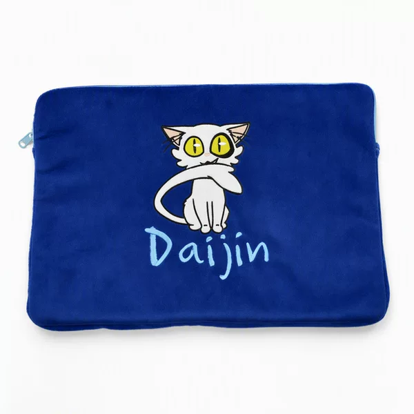 Custom-made plush laptop sleeve with anime-style cat embroidery, velvet laptop protector, and IP merchandise