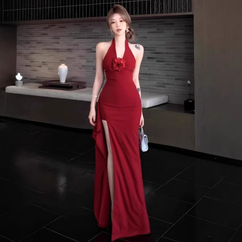 Red Three-Dimensional Flower Neck Hanging dress Women's Summer Slim-Fit Dress Long Dress Pure Desire Waist Split Hip Skirt Red Three-Dimensional Flower Neck Hanging dress Women's Summer Slim-Fit Dress Long Dress Pure Desire Waist Split Hip Skirt