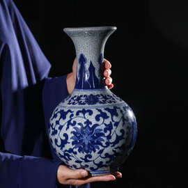 青花瓷花瓶景德镇陶瓷器花瓶仿官窑仿古董冰裂纹釉青花瓷家居摆件