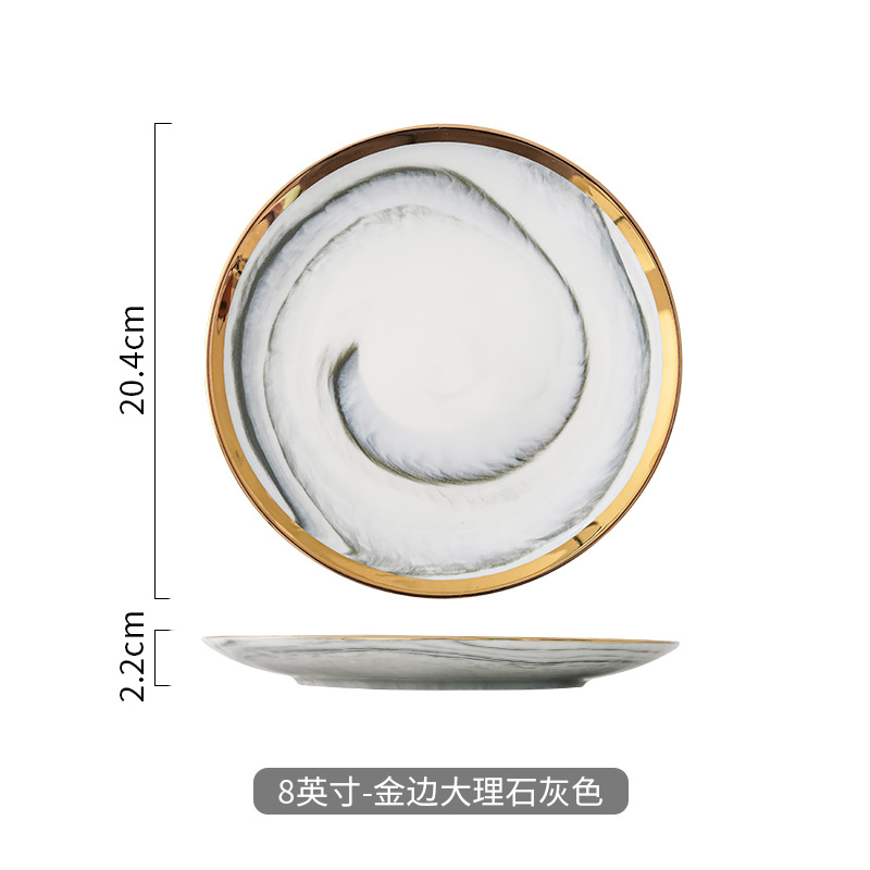 Nórdico creativo borde dorado cerámica marmolado placa Occidental Placa de pasta hogar Placa de filete Placa de postre Placa de oscilación
