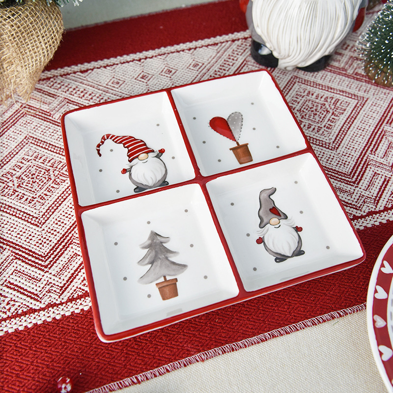 País nórdico Navidad muñeco de nieve placa de cerámica vajilla para el hogar Placa de cuatro rejillas en relieve de estilo occidental Placa de rejilla plato de aperitivos