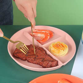 小麦秸秆分格餐盘家用定量三格分餐盘圆形高颜值减脂盘塑料盘批发
