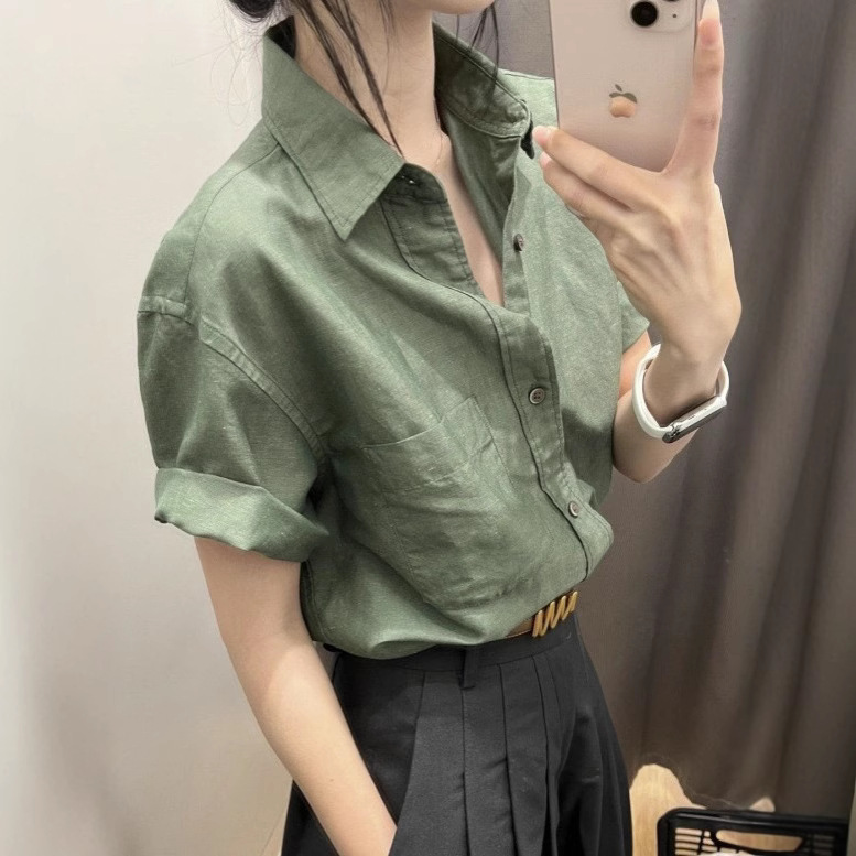 Green Elegant Shoulder Short-sleeved Shirt Women's Summer Thin High-end Super Good-looking Linen Shirt Polo Collar Top