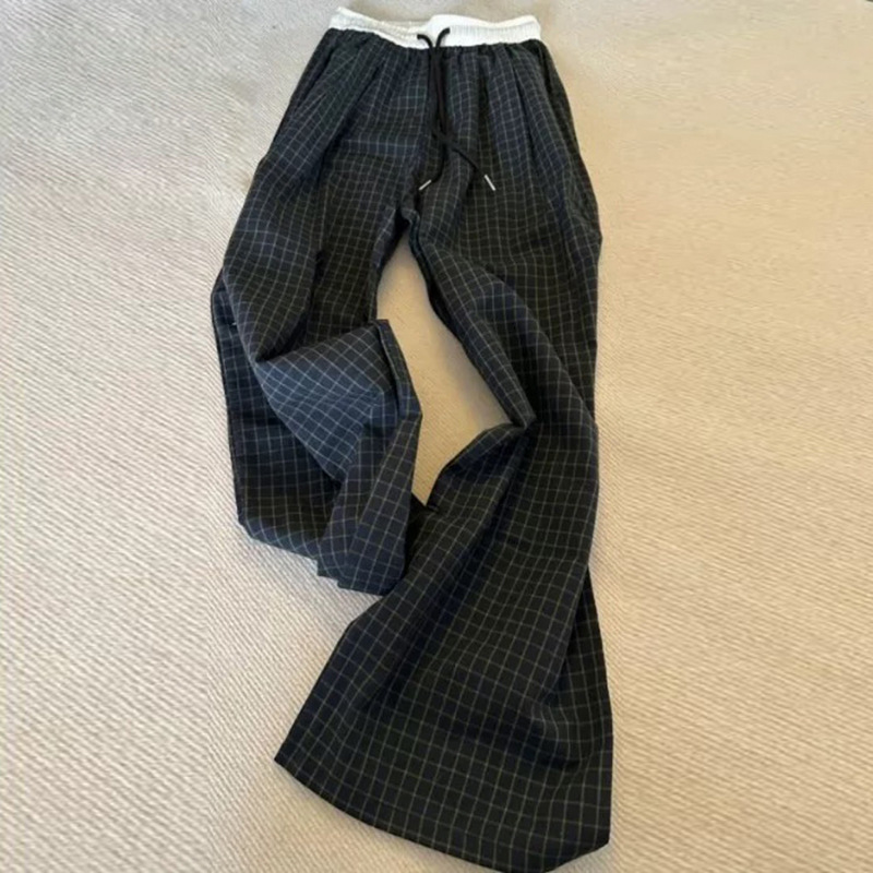 American-Style Faux Two-Piece Plaid Casual Pants for Men, New Spring and Autumn Houndstooth High-End Straight-Leg Lazy Drape Long Pants