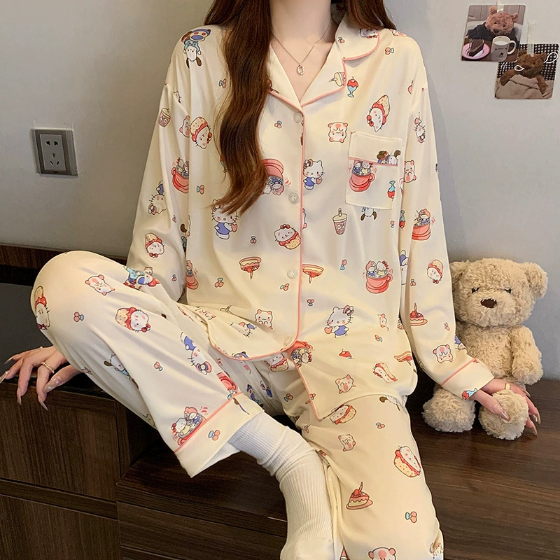 Sanrio, японский бренд мультяшной пижамы на весну, с длинным рукавом, кардиган, рубашка, набор, тренд сезона