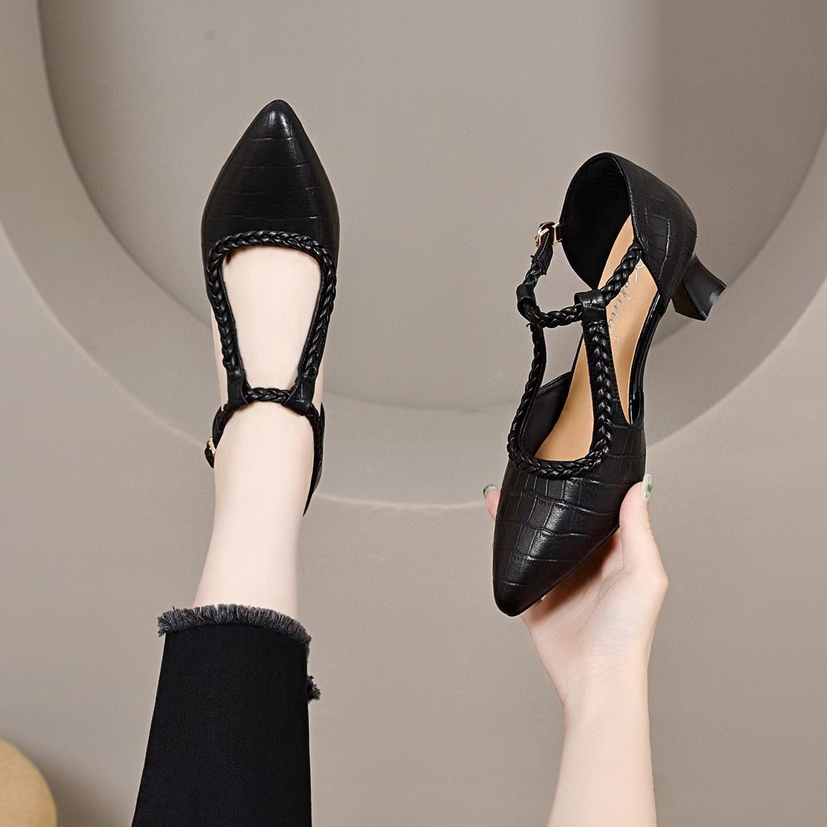 Sandal cao gót nữ mũi nhọn quai ngang da thật gót 5 cm — Đen-5CM chi tiết 5