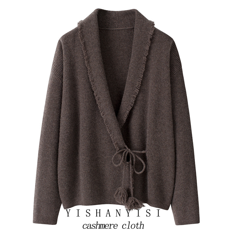 Inner Mongolia 371g Green Fruit Collar Cashmere Cardigan Women's 100 Pure Cashmere Soft Waxy Tassel Tether Knitted Autumn and Winter Cardigan