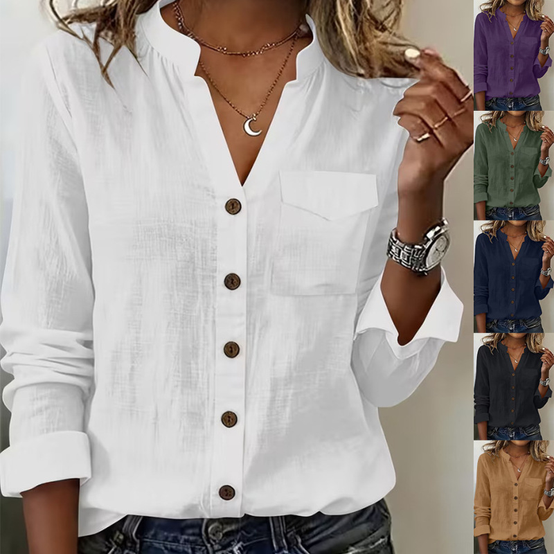 2026 New European and American Style Solid Color V-Neck Long-Sleeve Shirt for Women, Cotton and Linen Casual Loose Button-Up Top, Cross-Border Hot Item 2026 New European and American Style Solid Color V-Neck Long-Sleeve Shirt for Women, Cotton and Linen Casual Loose Button-Up Top, Cross-Border Hot Item